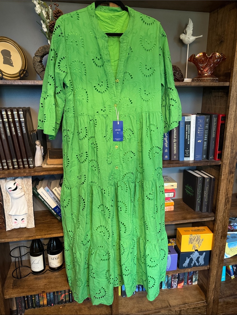 Women's Eyelet Tiered Midi Dress in Bright Green